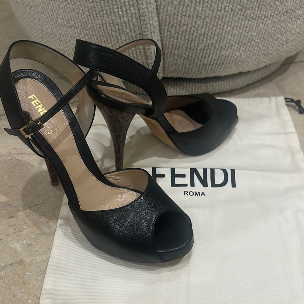 Fendi Black Leather T-Strap Heels